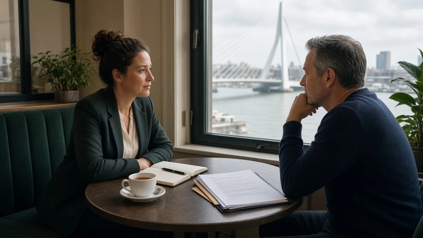 Intakegesprek over een Duits voor bedrijven cursus in Rotterdam met notitieboek en zicht op de Erasmusbrug