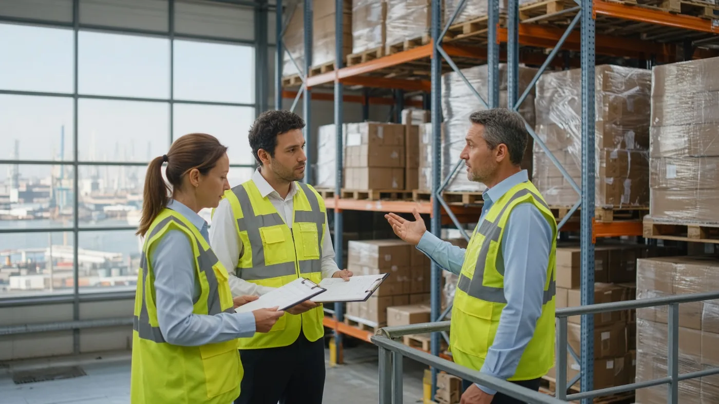 Logistiek team oefent Duits met paklijsten op een magazijnmezzanine in Rotterdam bij palletstellingen