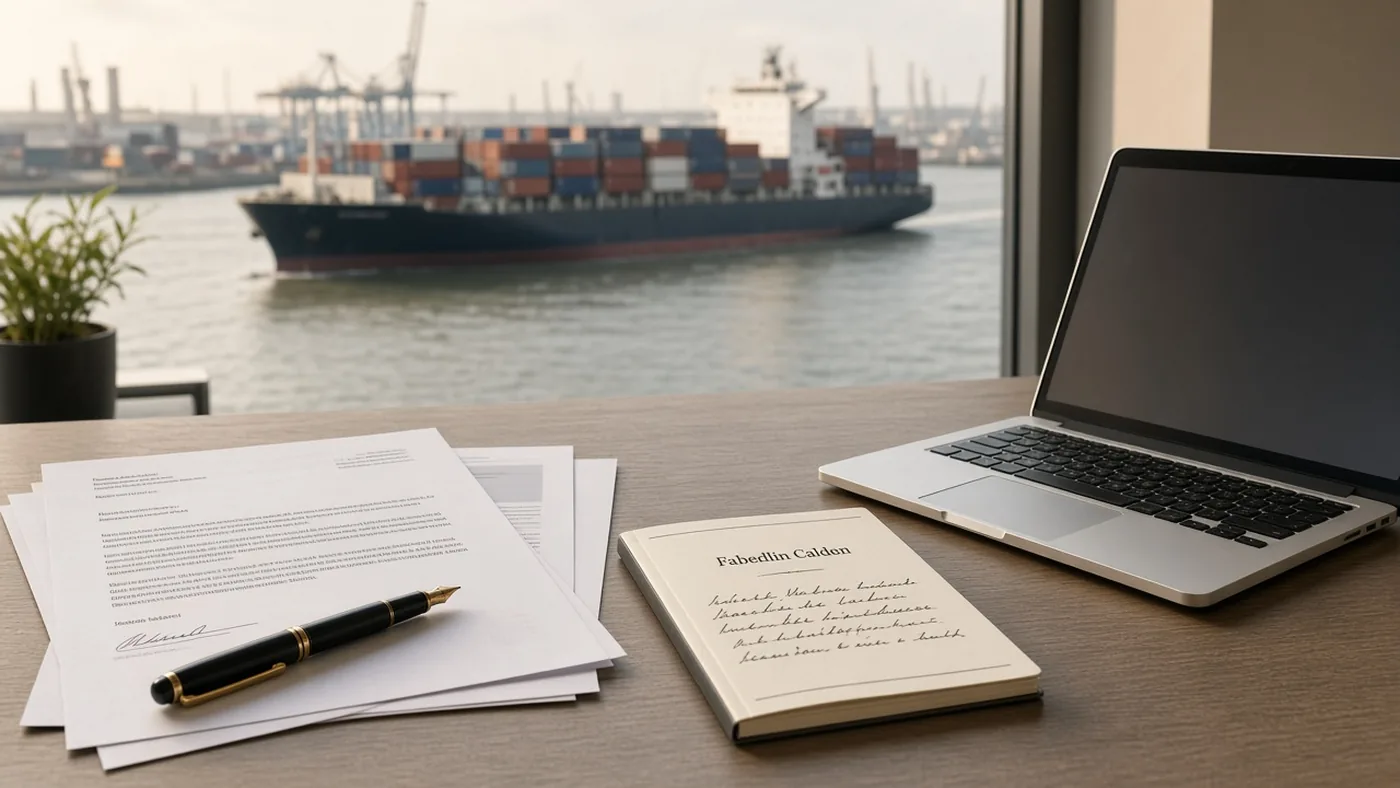 Bureau in Rotterdam met Duitse handelsbrieven, vulpen en tweetalig glossarium bij het havenzicht