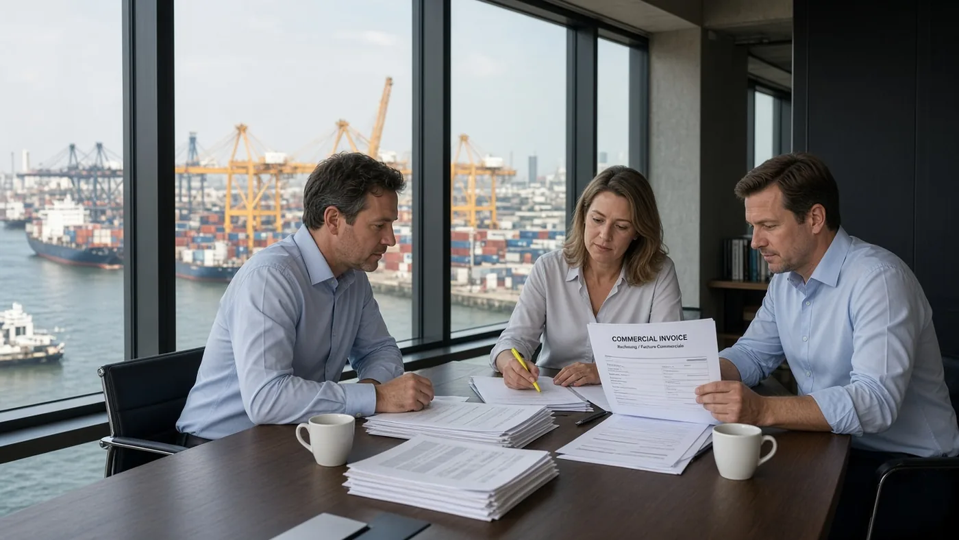 Trainer en exportmanagers oefenen Duits met dossiers in een Rotterdams havenkantoor met kranen achter het glas
