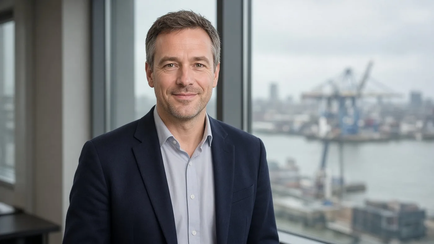 Frank van Dijk van ToeCode in een Rotterdams kantoor met zicht op havenkranen achter het glas