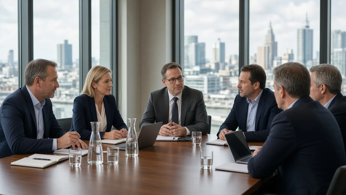 Nederlandse en Duitse handelsprofessionals onderhandelen in een Rotterdams vergaderzaal met skylinezicht