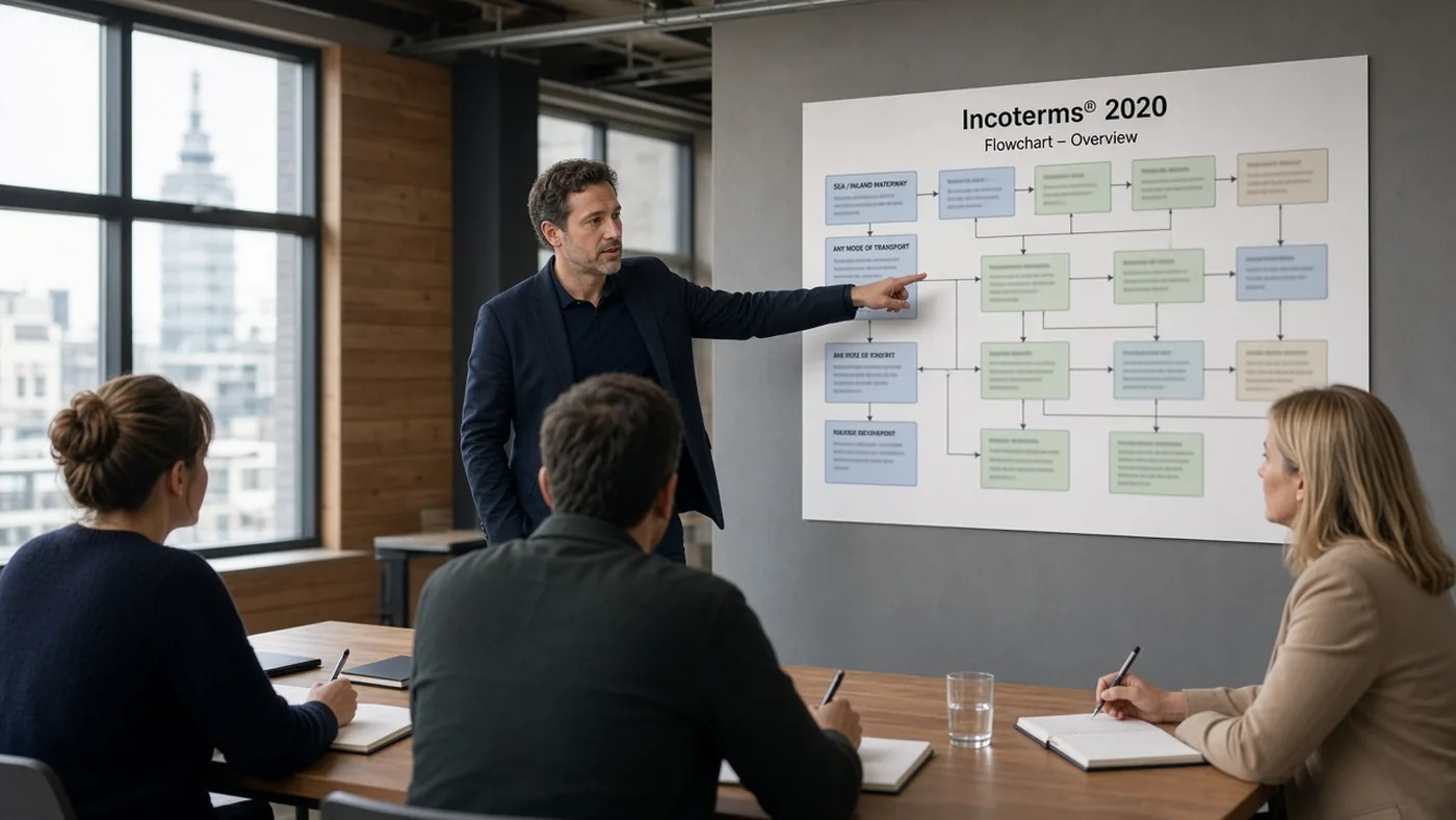 Docent wijst Incoterms-stroomdiagram aan drie handelsprofessionals tijdens Duitse les in Rotterdam