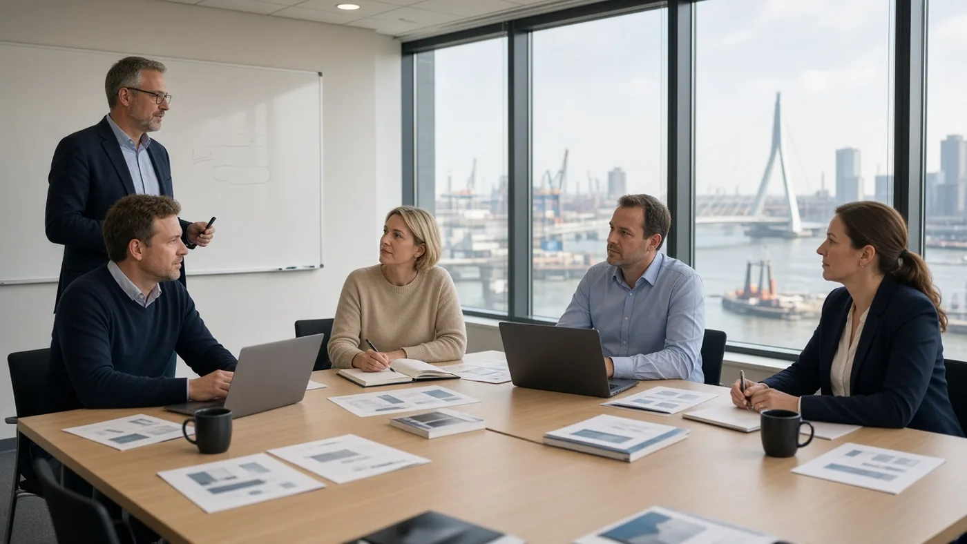 Professionals oefenen zakelijk Duits in een leslokaal aan de Rotterdamse Wilhelminakade met havenzicht
